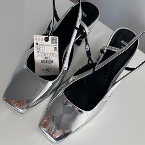 7.5/38 ZARA PARTY METALLIC SILVER  SLINGBACK SHOES